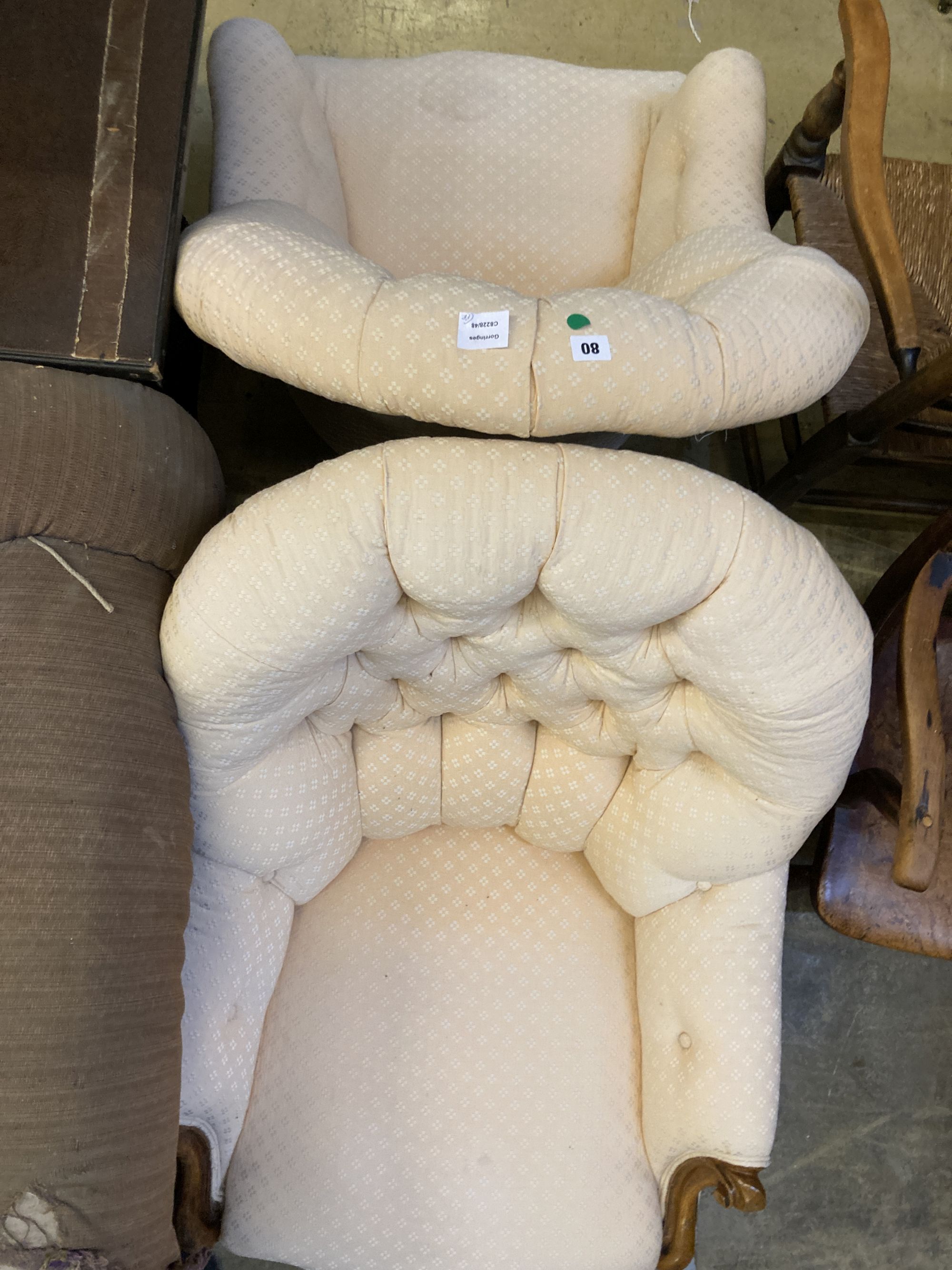 Two Victorian upholstered spoon back buttoned armchairs, larger width 70cm, depth 70cm, height 87cm